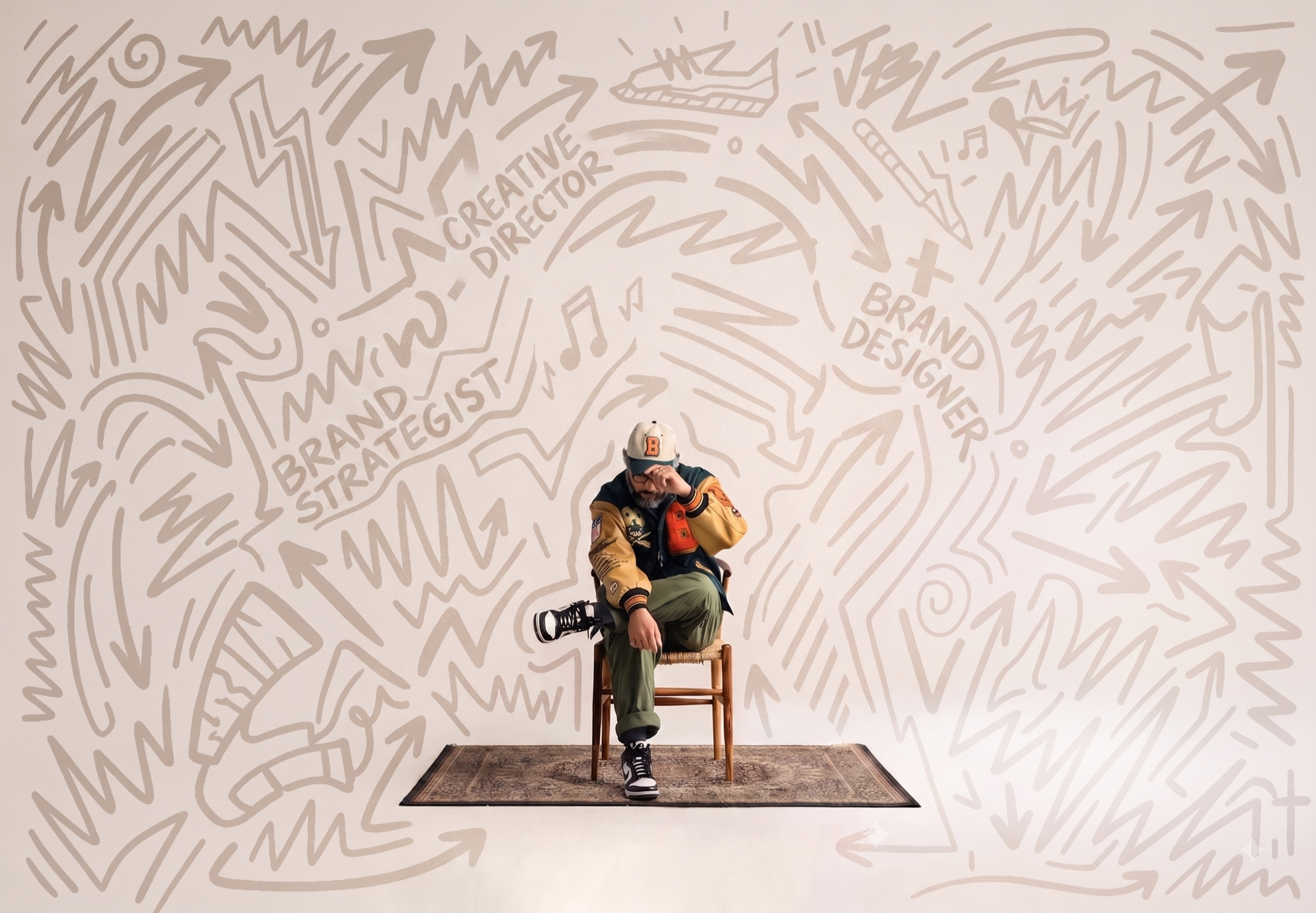 Filipe Sales sitting on a chair in a studio, in front of a wall covered in hand-drawn doodles