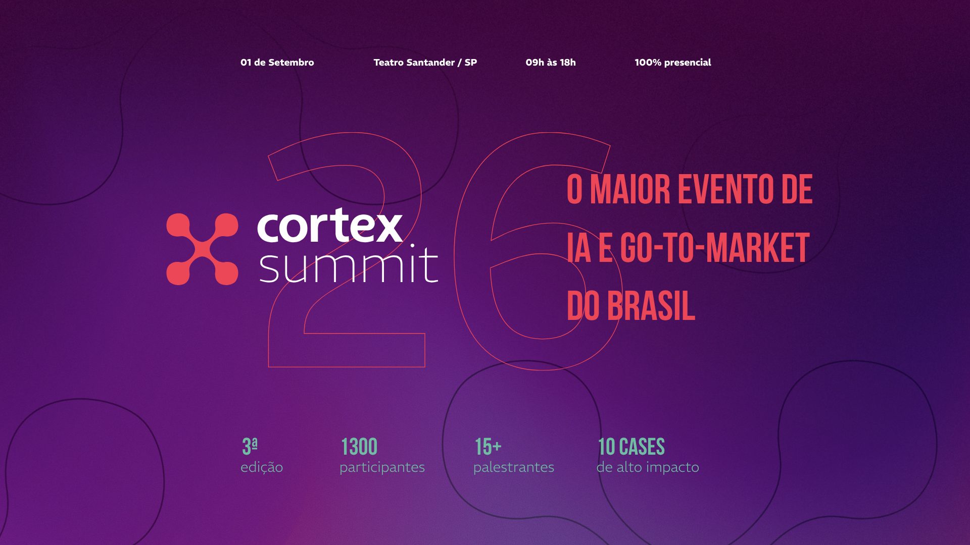 Cortex Summit key visual: the summit logo and an outlined 26 on a deep purple field, with the headline The largest AI and go-to-market event in Brazil