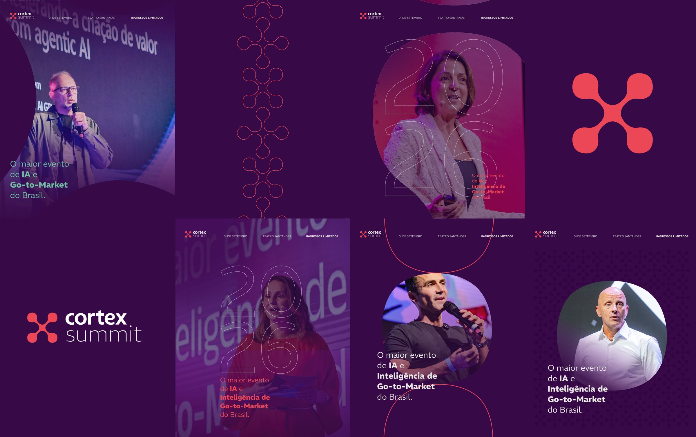 Cortex Summit identity board: the logo, the coral symbol, an outlined network pattern and speaker photos framed by the brand's rounded shapes with the outlined 2026