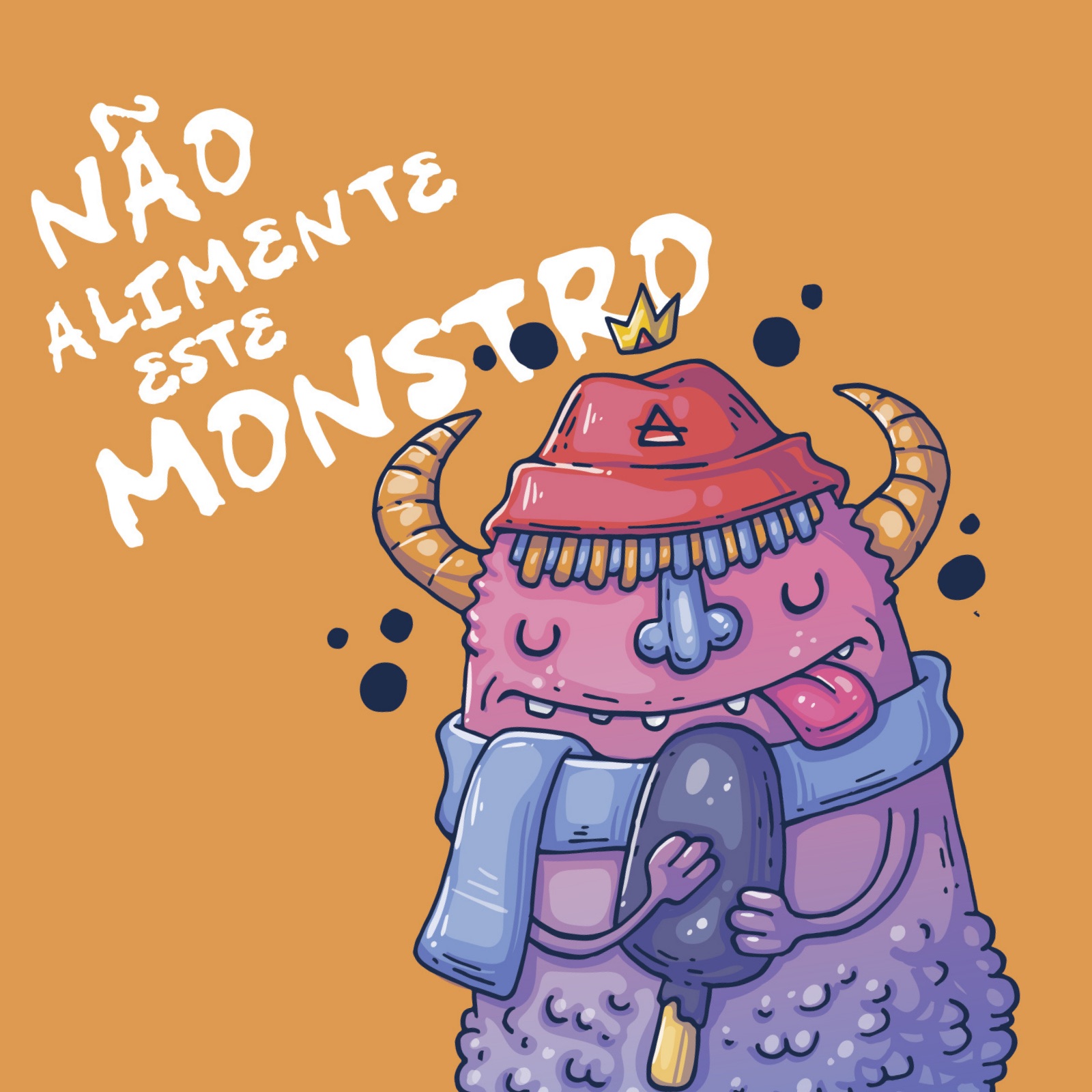 Close-up crop of the horned monster poster wearing a bucket hat