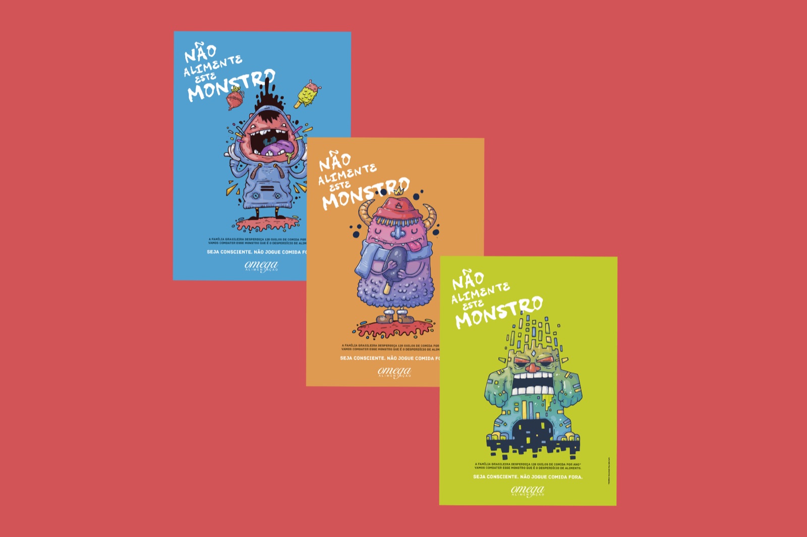 Three overlapping posters from the Don't Feed This Monster series in blue, orange, and green