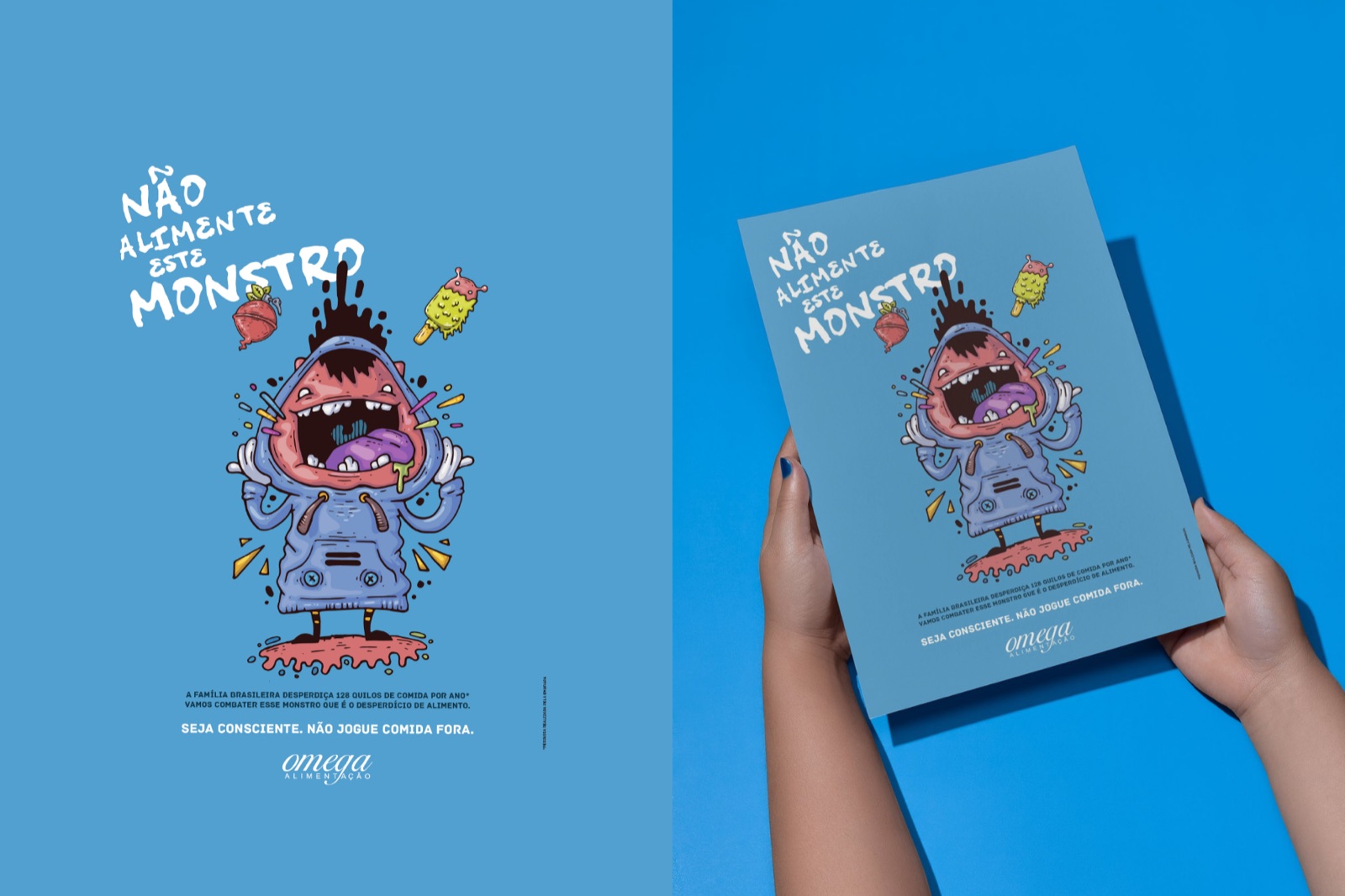 Blue mouth monster poster shown flat and held up against a blue backdrop
