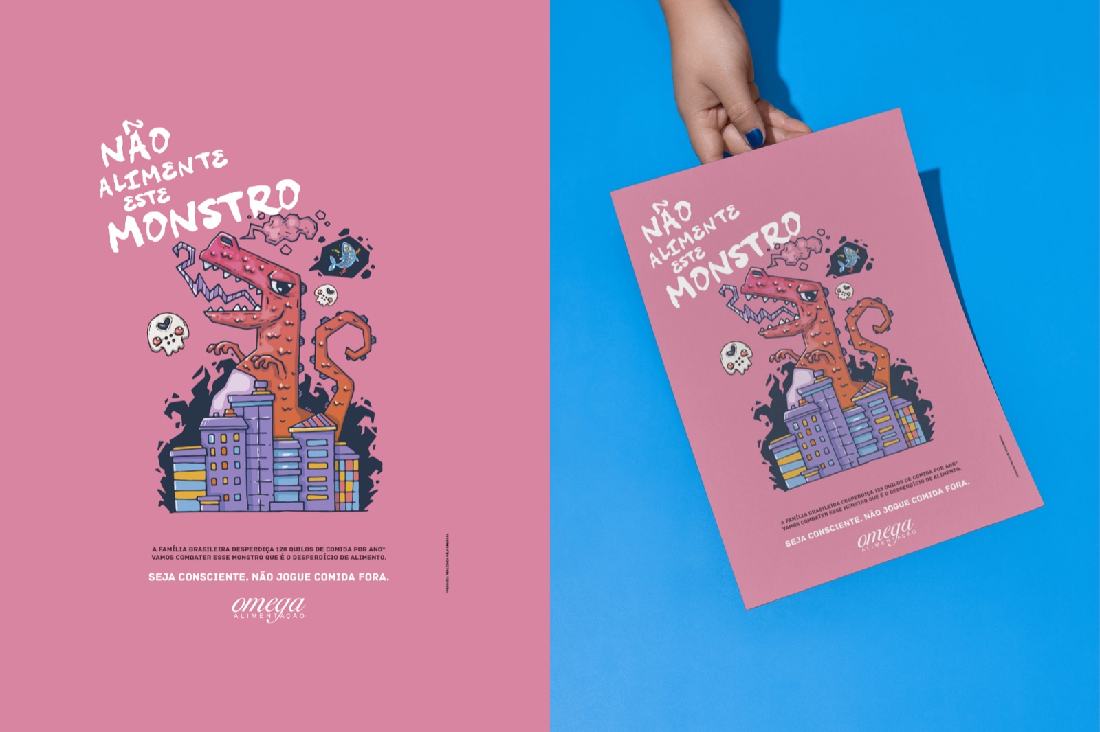 Pink dinosaur monster poster shown flat and held up against a blue backdrop