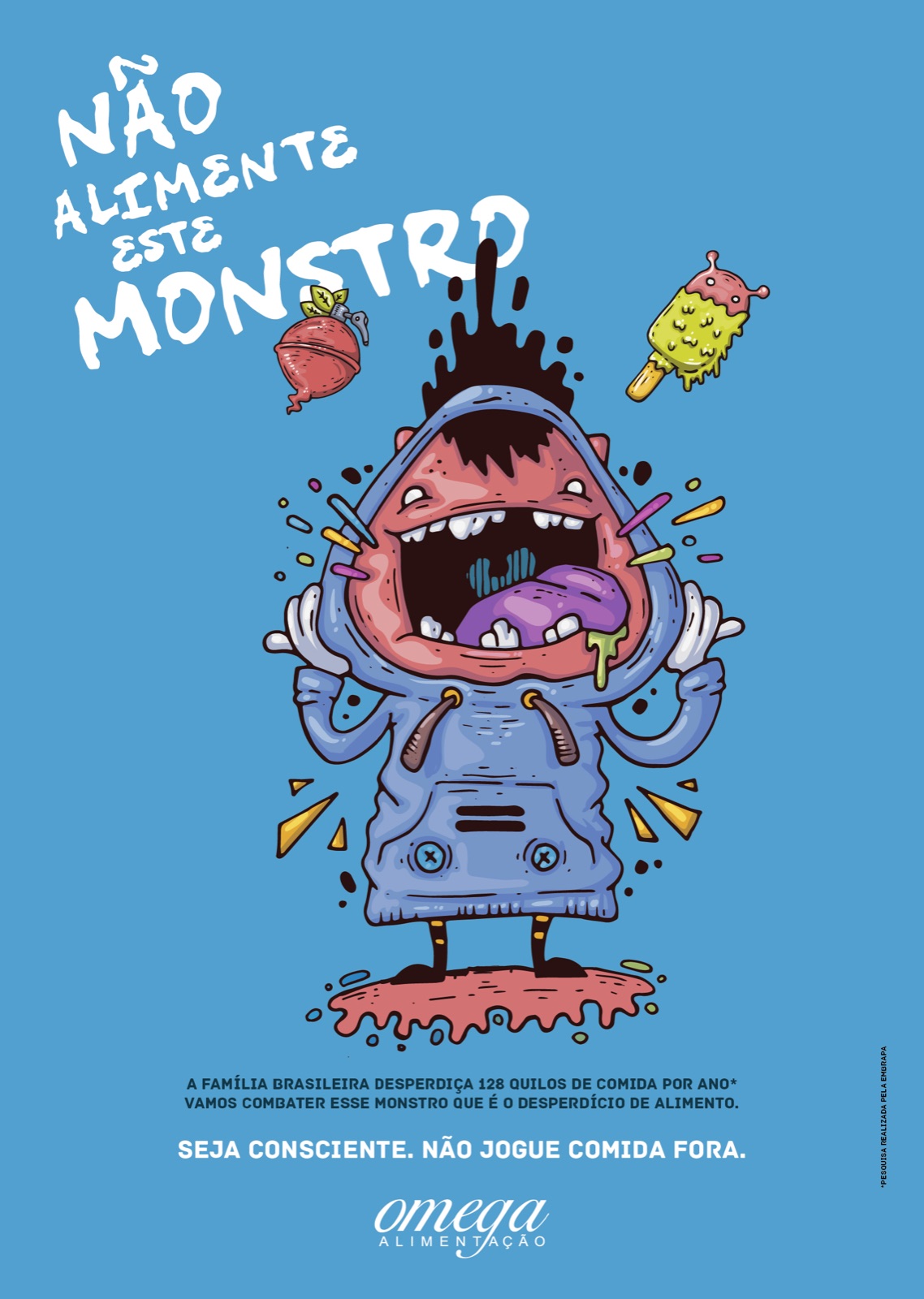 Blue hooded monster poster from the Don't Feed This Monster campaign