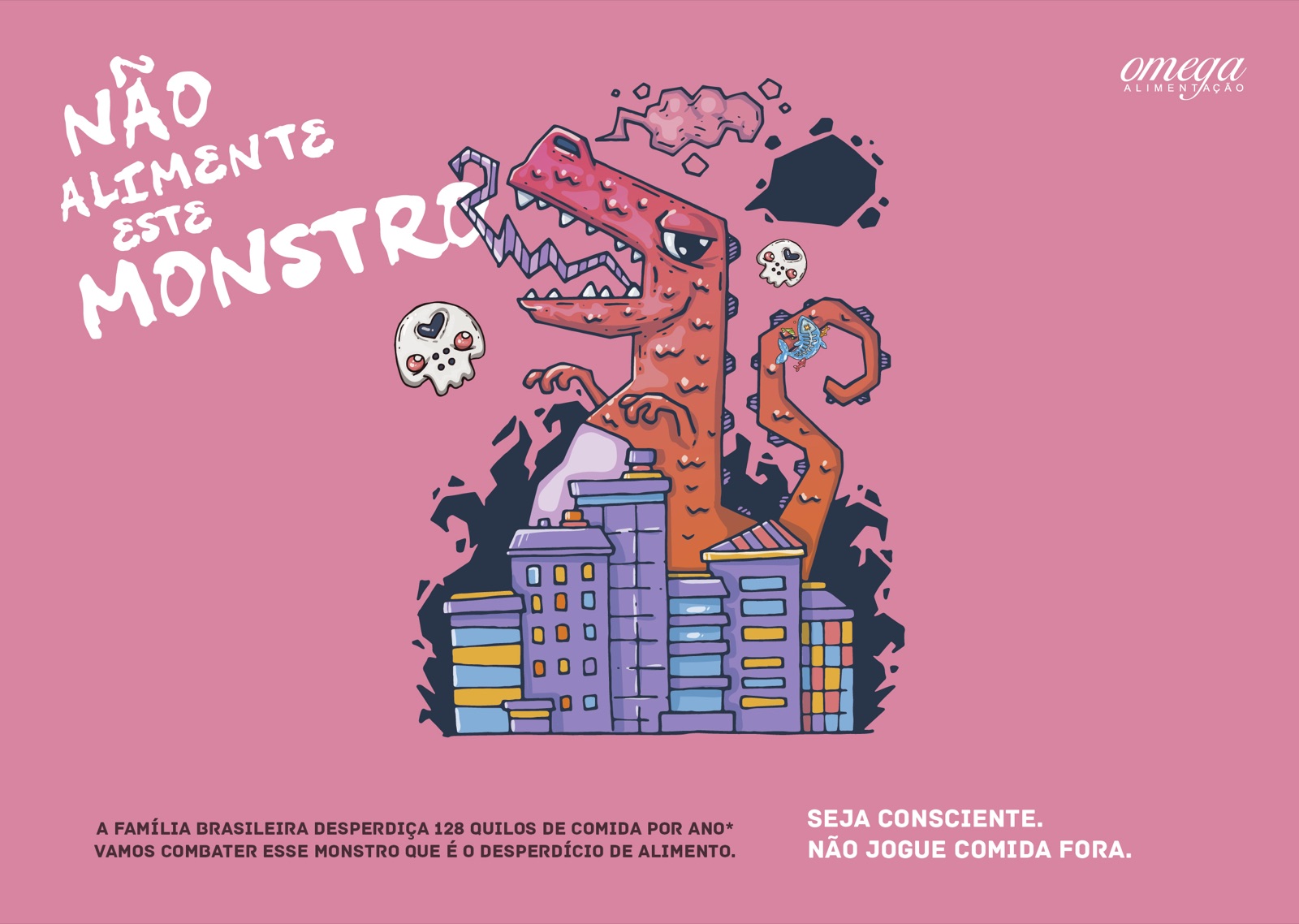 Full pink dinosaur monster placemat with the Omega Food logo