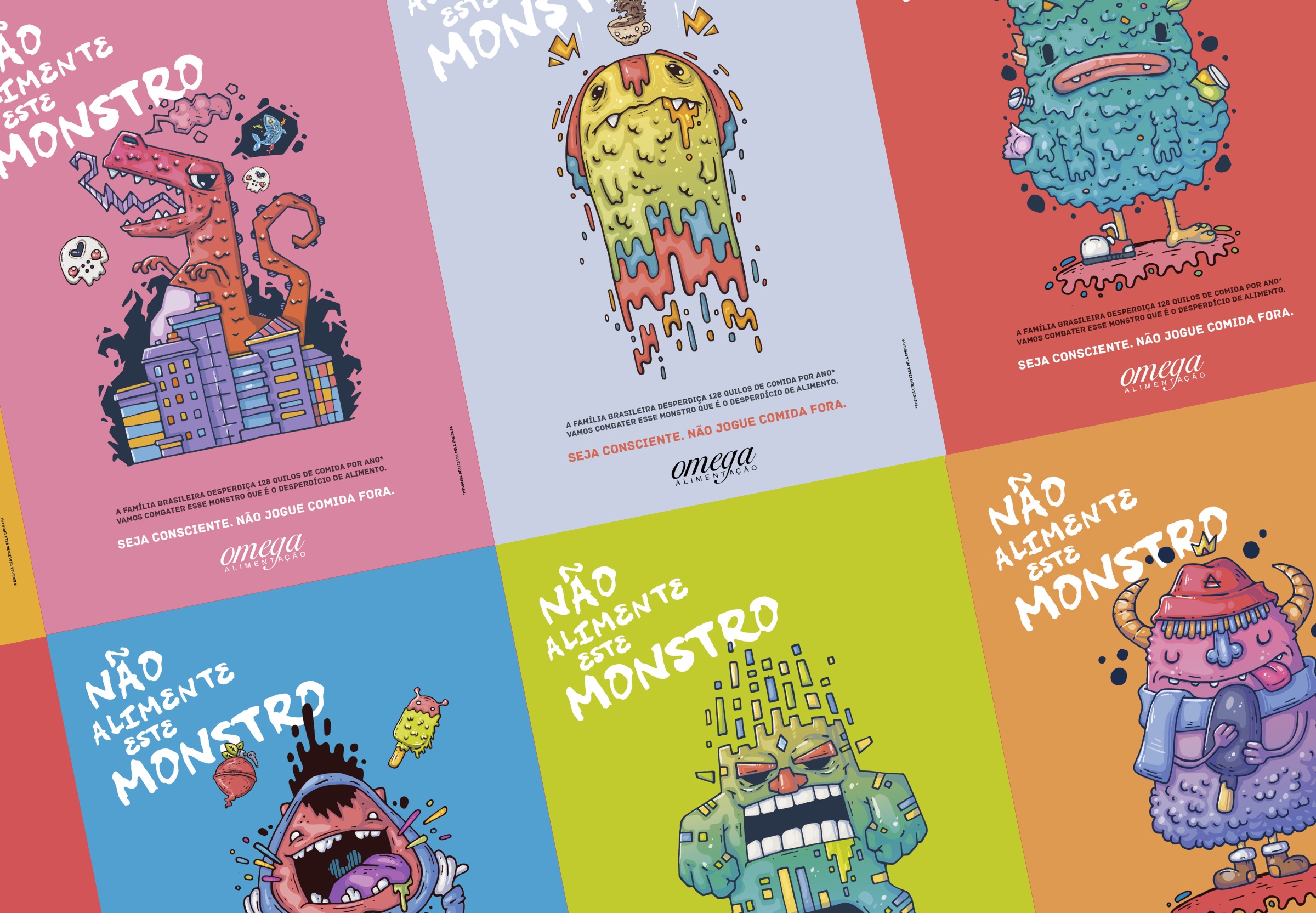 Collage of the full Don't Feed This Monster poster series, each in a different color with its own monster character
