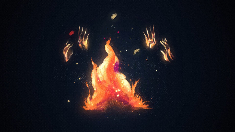 Illustrated bonfire with hands reaching toward the flames