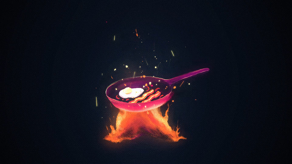 Illustrated frying pan with egg and bacon, balanced over a bonfire